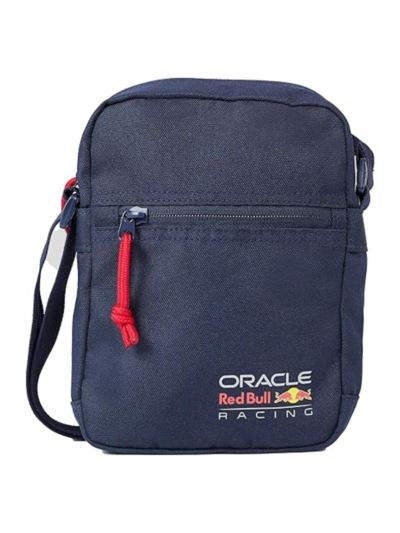 close-up red bull racing f1 crossbody bag logo and zipper detail