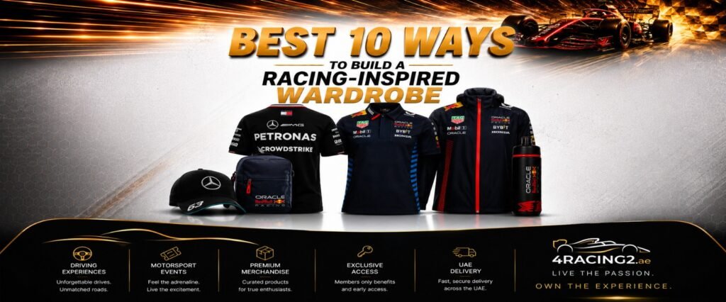 Motorsport fan wearing a racing inspired wardrobe featuring Formula 1 apparel, team merchandise, and racing lifestyle clothing