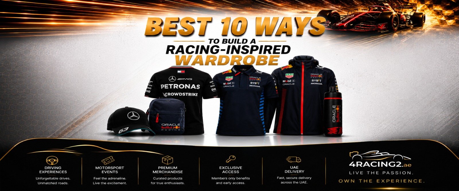 Motorsport fan wearing a racing inspired wardrobe featuring Formula 1 apparel, team merchandise, and racing lifestyle clothing